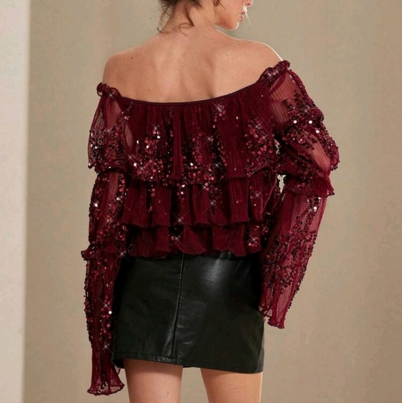 Party Luxury Women Blouse With Layered Pleated Pearl & Sequin Decorated - Picture 4 of 4
